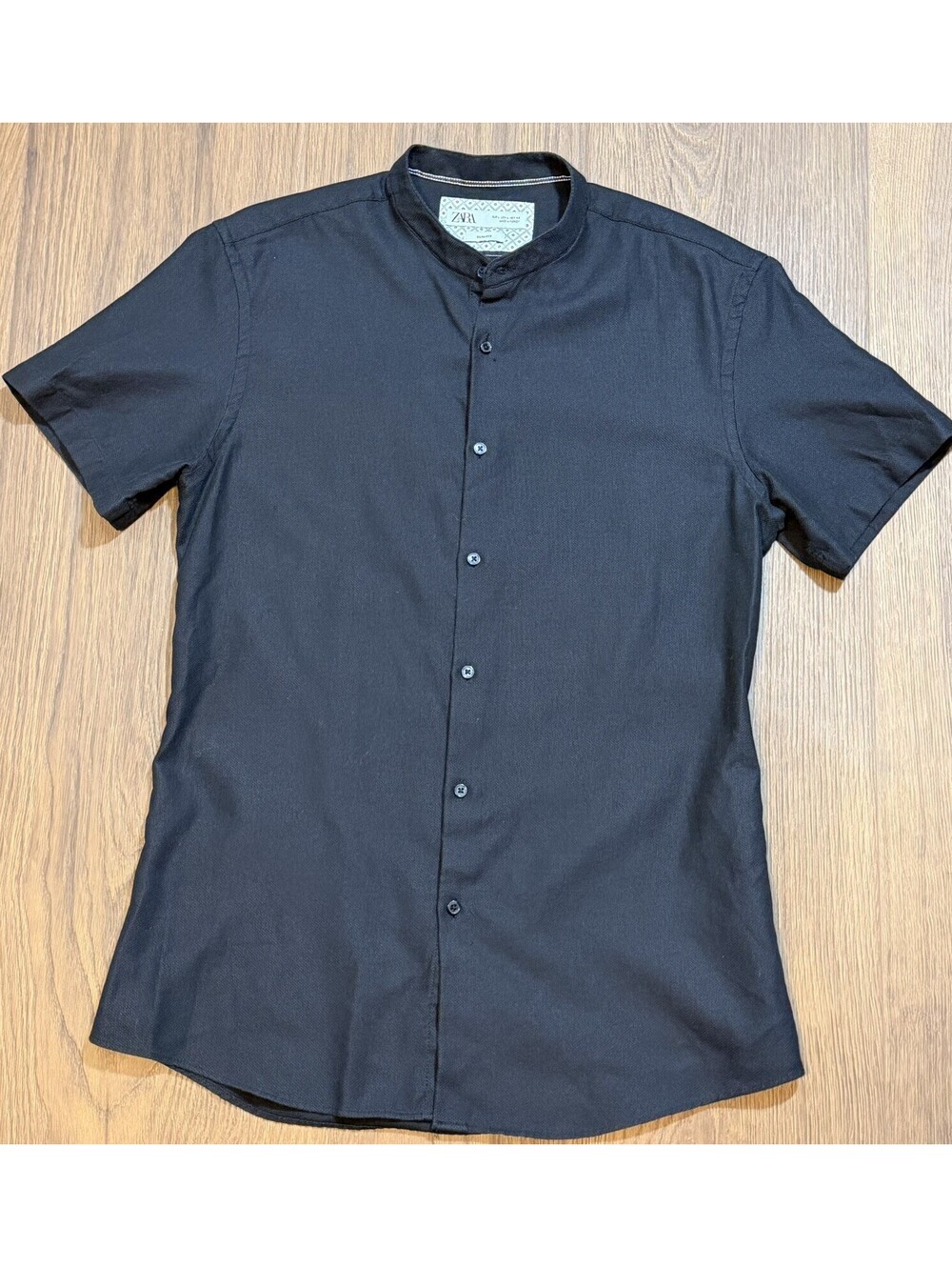 Zara Mens Large Black Slim Fit Mandarin Collar Short Sleeve Shirt #15B